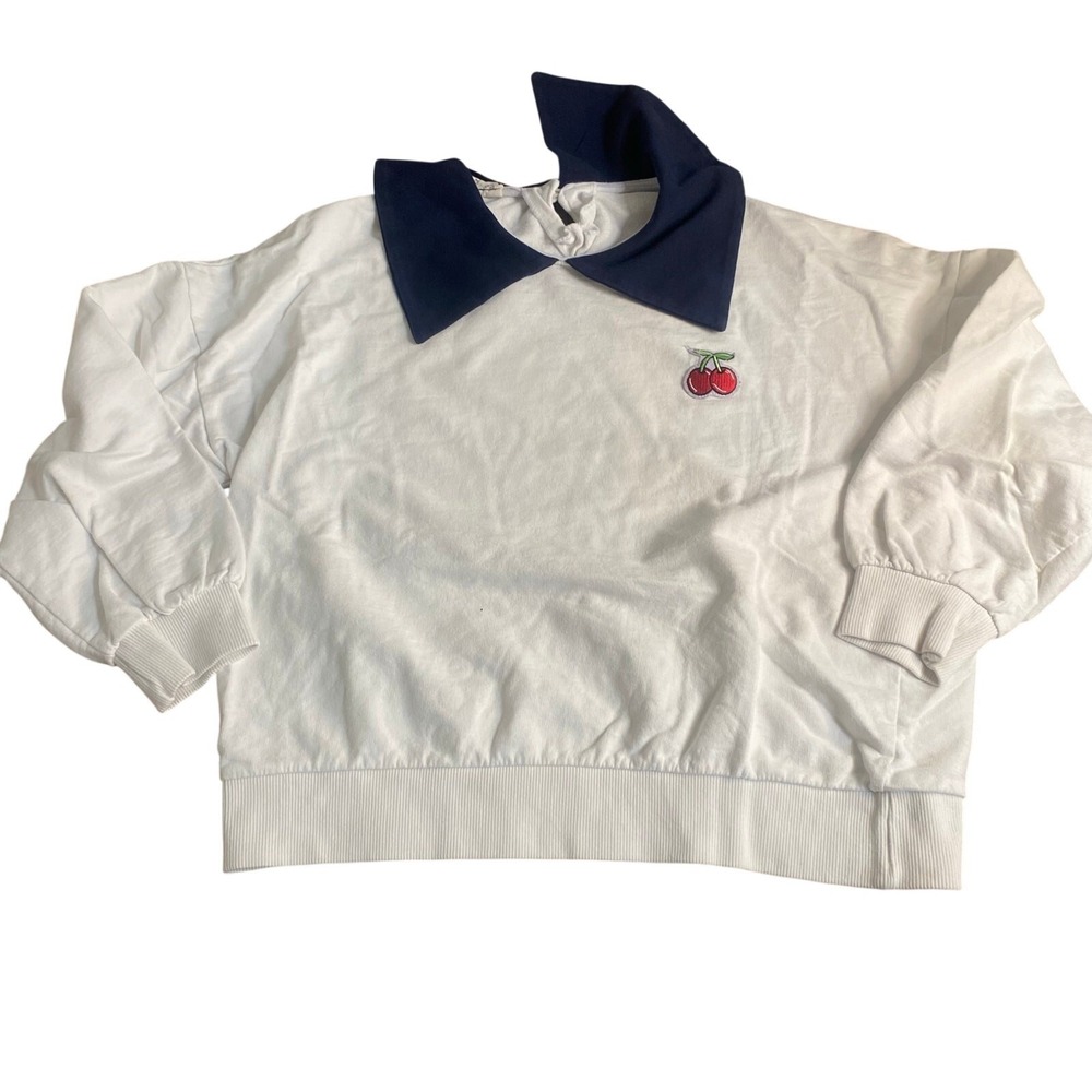 Boom club cherry patch white‎ blue collar pullover sweatshirt SIZE 13